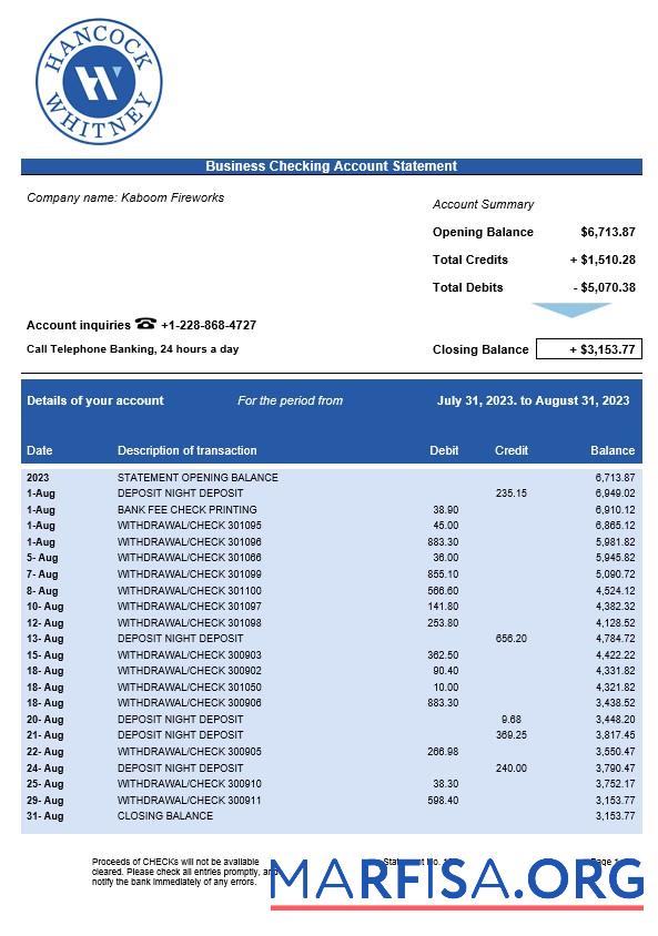 Printable Hancock Whitney Bank business checking account statement Word and PDF template